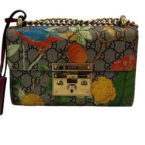 Gucci GG Supreme Floral Bird Chain Shoulder Bag in Brown, Yellow, Green, Blue